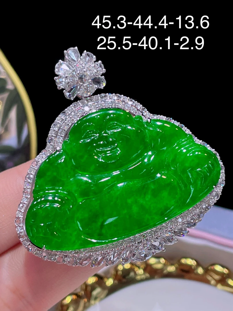 天然缅甸A货翡翠18k金南非真钻冰种辣绿佛公吊坠