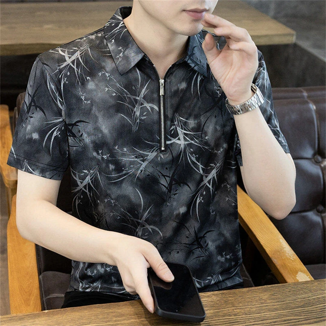 2025夏季新款男士半拉链短袖t恤Polo衫时尚潮流印花薄款凉感半袖