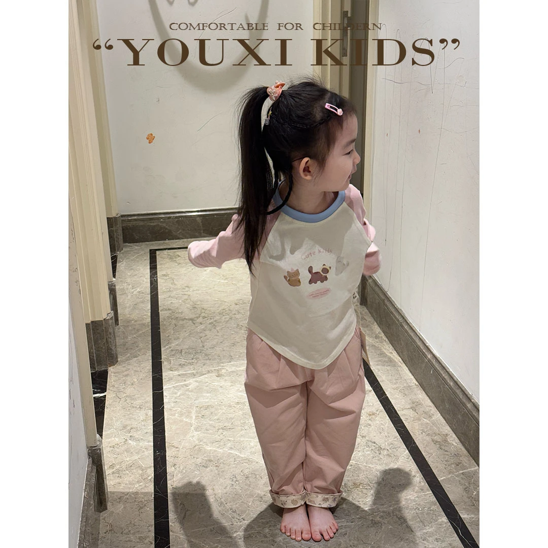 现飞飞家·果味糖新款儿童纯色百搭翻边碎花时尚修身休闲裤 FF2504