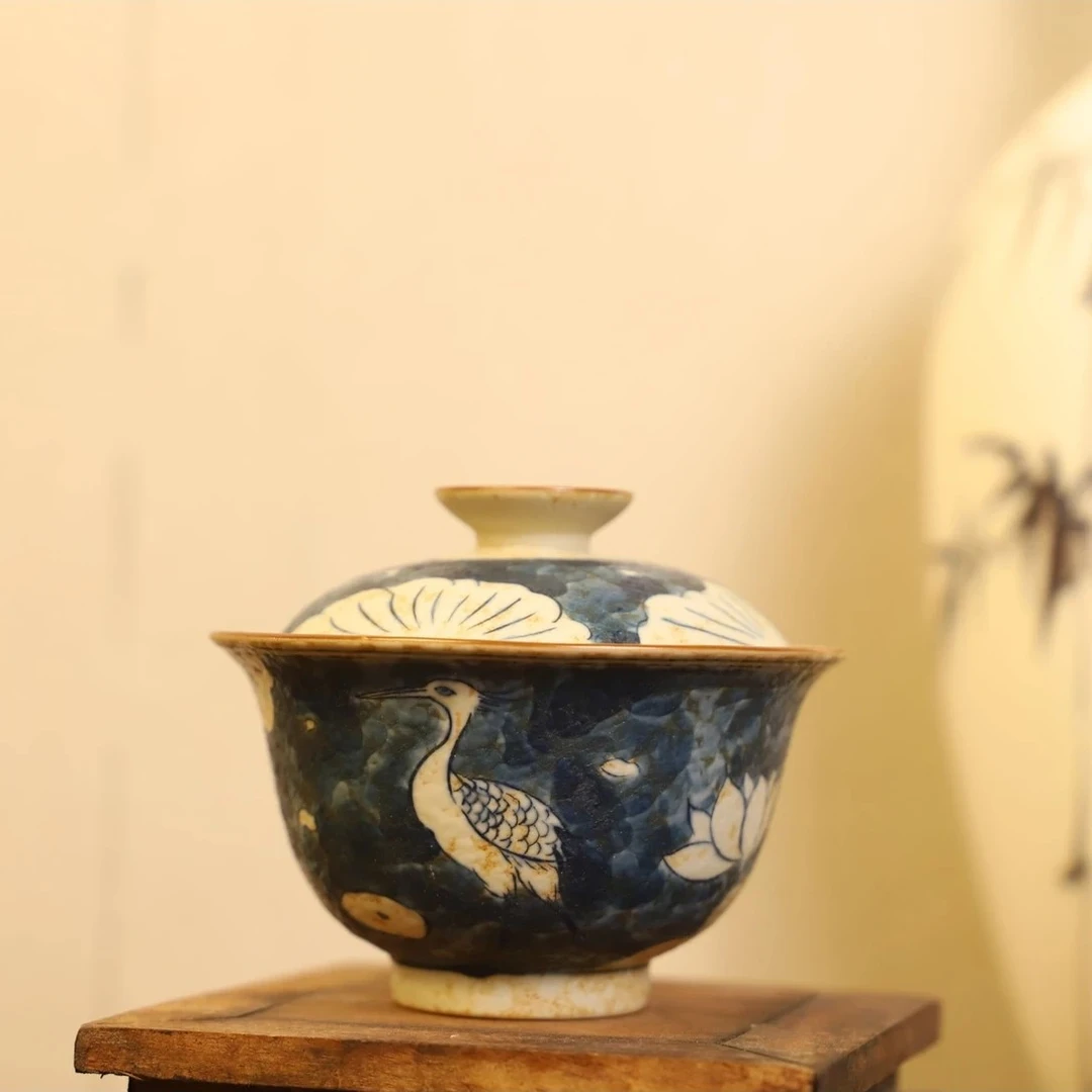 华箐堂青花釉下彩手绘一鹭连科二才盖碗仿古功夫盖碗茶具