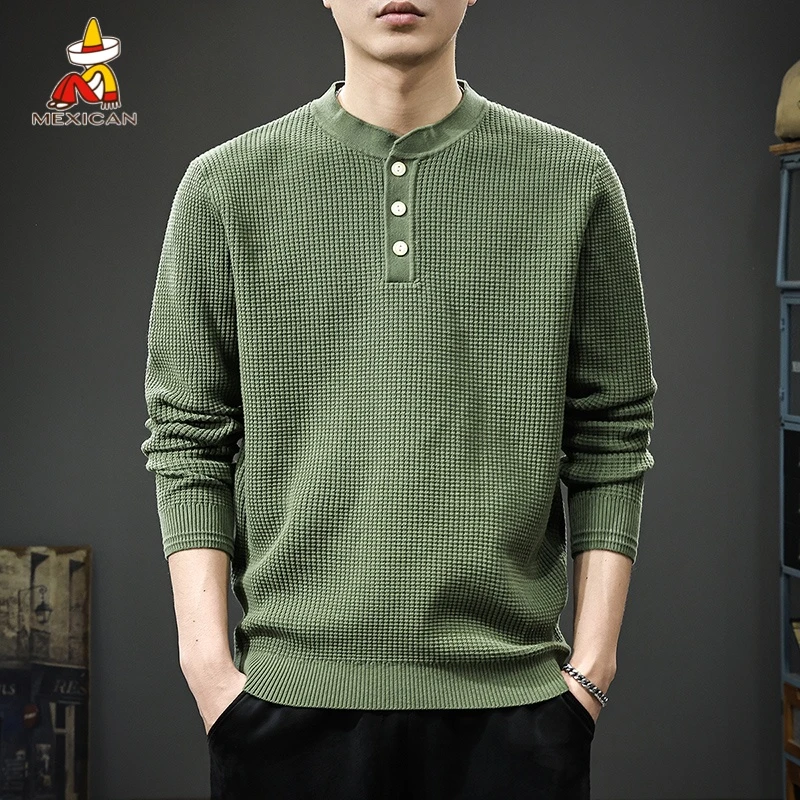 Mexican/稻草人美式重磅肌理感针织衫男款秋冬宽松长袖亨利领毛衣