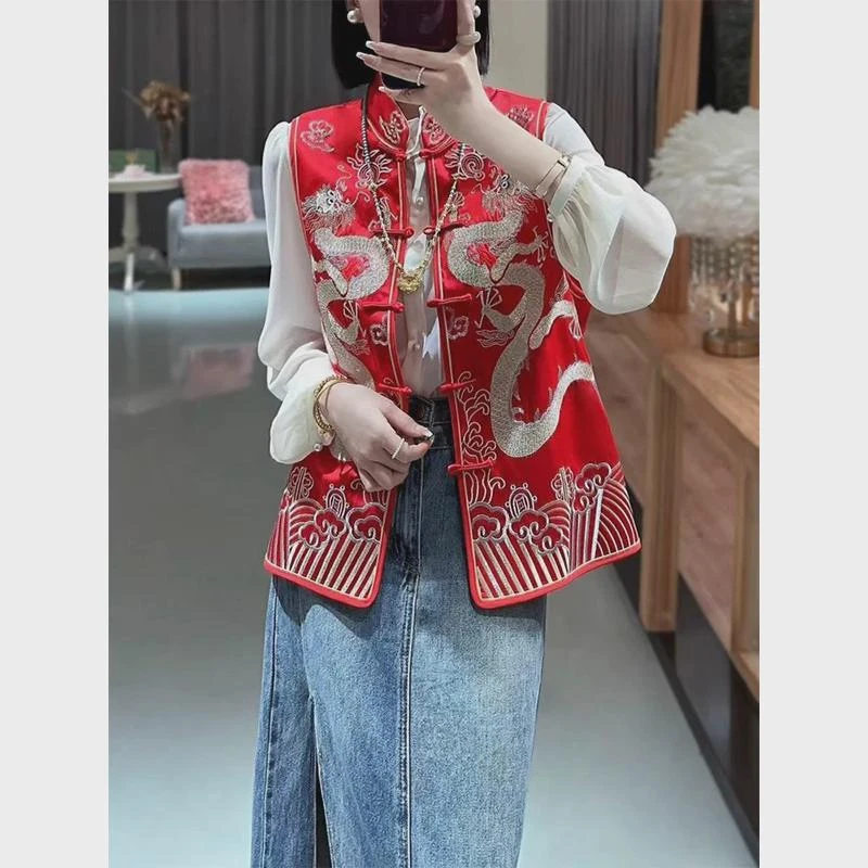 中式立领盘扣醋酸缎面红色马夹女2024春装重工刺绣国风背心小外套