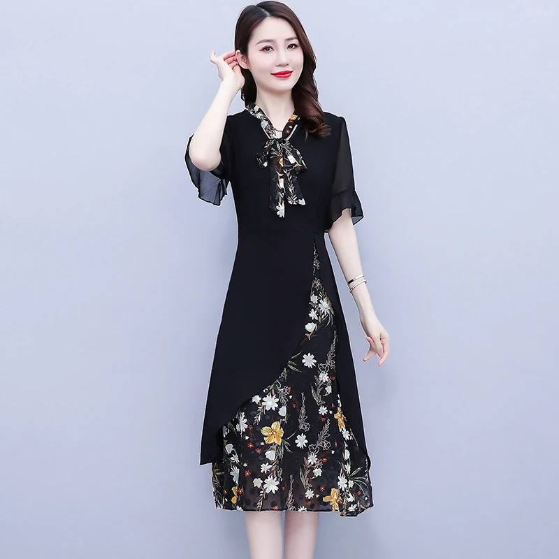 碎花雪纺拼接假两件连衣裙女夏季新款妈妈气质洋气遮肚子显瘦