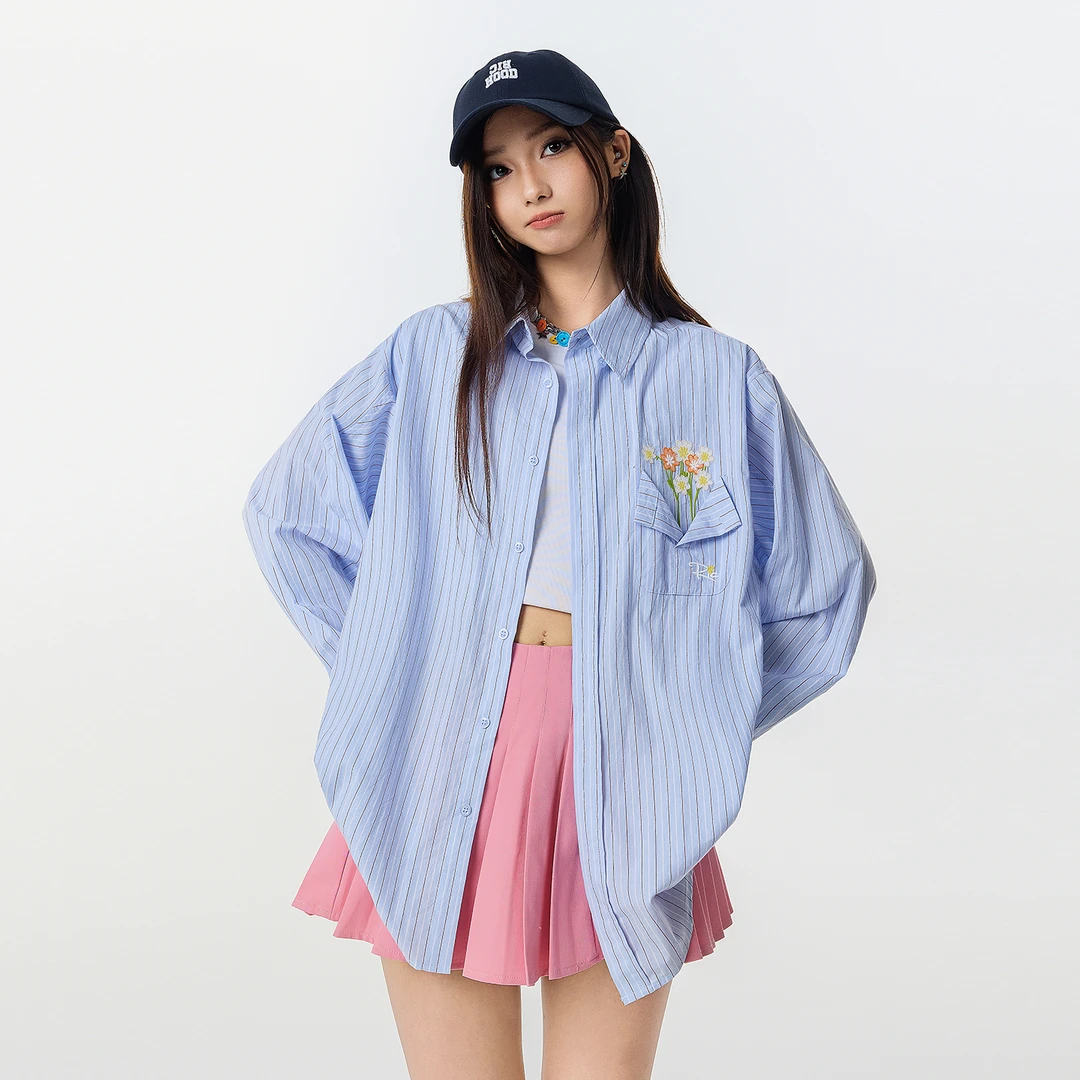 RickyIsClownRIC秋季口袋花瓶刺绣设计宽松慵懒防晒休闲条纹衬衫