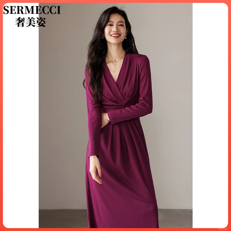 高端大品牌收腰显瘦绝美高级感御姐范秋季V领绑带玫紫色长袖洋装