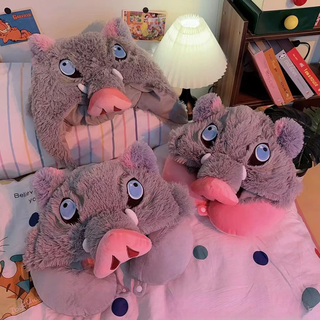 可爱鬼灭之刃嘴平伊之助猪头帽子车载旅行连帽U型枕办公室午睡枕