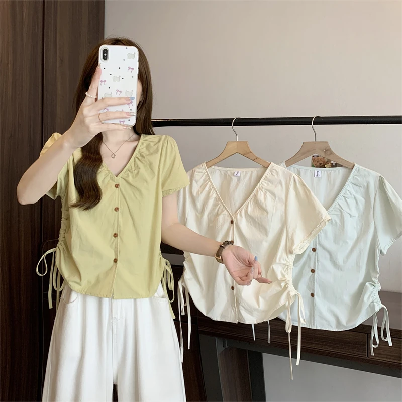 大码女装2025夏季新款修身显瘦抽绳纽扣衬衫短袖上衣1296
