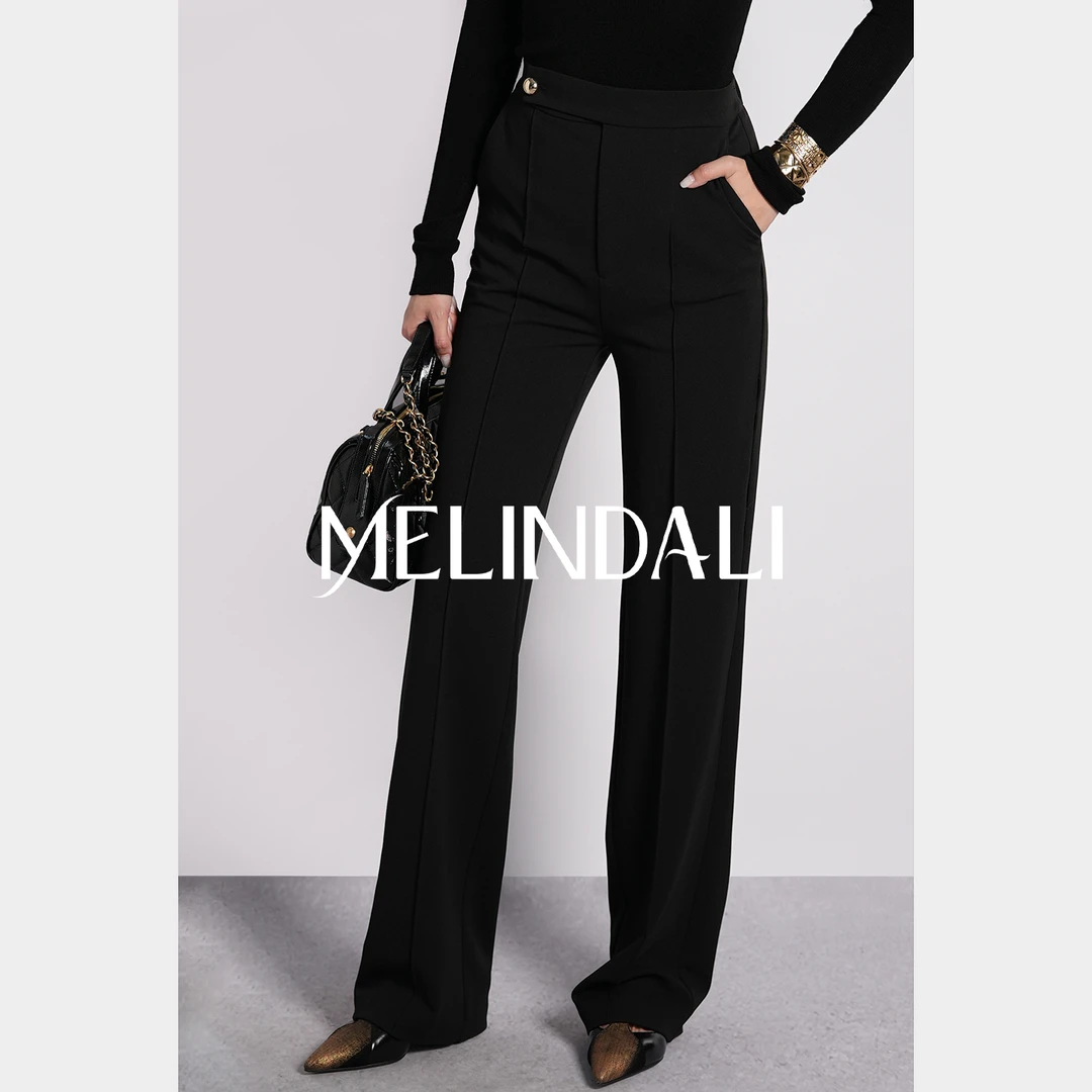 Melinda Li【金球裤】通勤黑色微喇弹力修身高腰直筒大长腿长裤秋冬