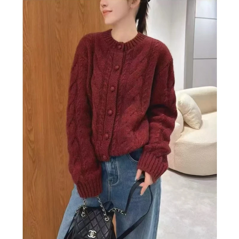 韩系秋冬加厚麻花新年新款针织宽松慵懒大版针织开衫女