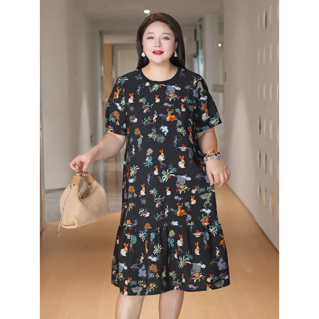 【动物系列*灵嬉玉兔】MsShe大码女装夏装复古印花连衣裙J~B2507056