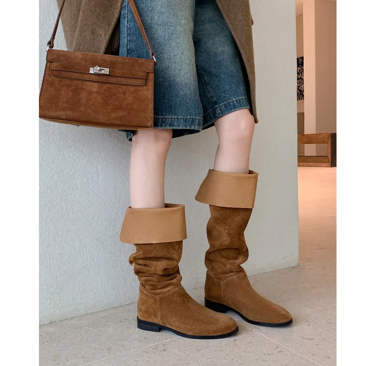 可俩穿长筒靴2025冬季新款真皮高筒女靴子中筒骑士靴百搭平跟长靴