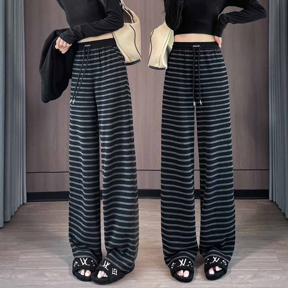 秋冬季加绒加厚窄版阔腿裤高腰宽松显瘦针织卫裤横条纹休闲裤外穿