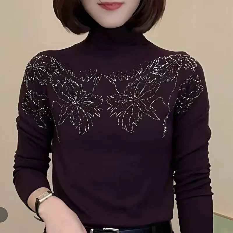 半高领烫钻打底衫秋冬妈妈装长袖T恤女显瘦百搭纯色遮肚德绒上衣