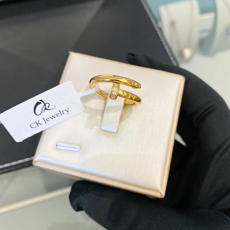 钛钢锆石戒指 金色 镶钻钉子戒指R1144