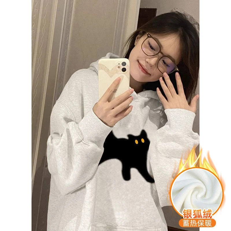 简约卫衣卡通黑猫加绒连帽宽松大码上衣外套秋冬季女加绒带帽显瘦