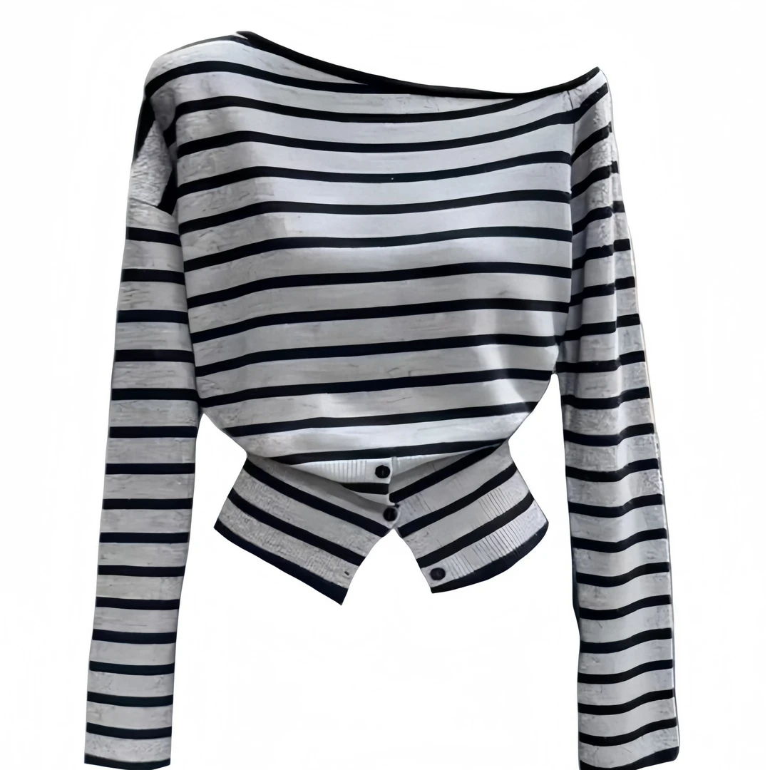 韩系甜辣妹条纹斜肩长袖t恤女秋冬季设计感收腰修身露肩显瘦上衣