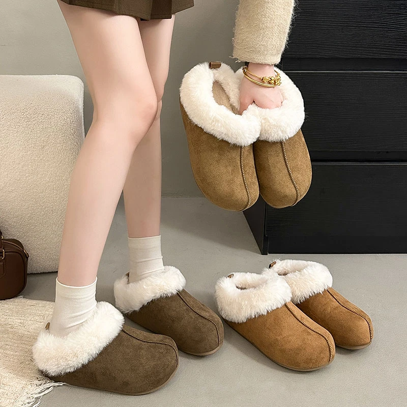 内增高加绒勃肯鞋厚底雪地靴包头半拖毛毛棉拖鞋女冬外穿2025新款