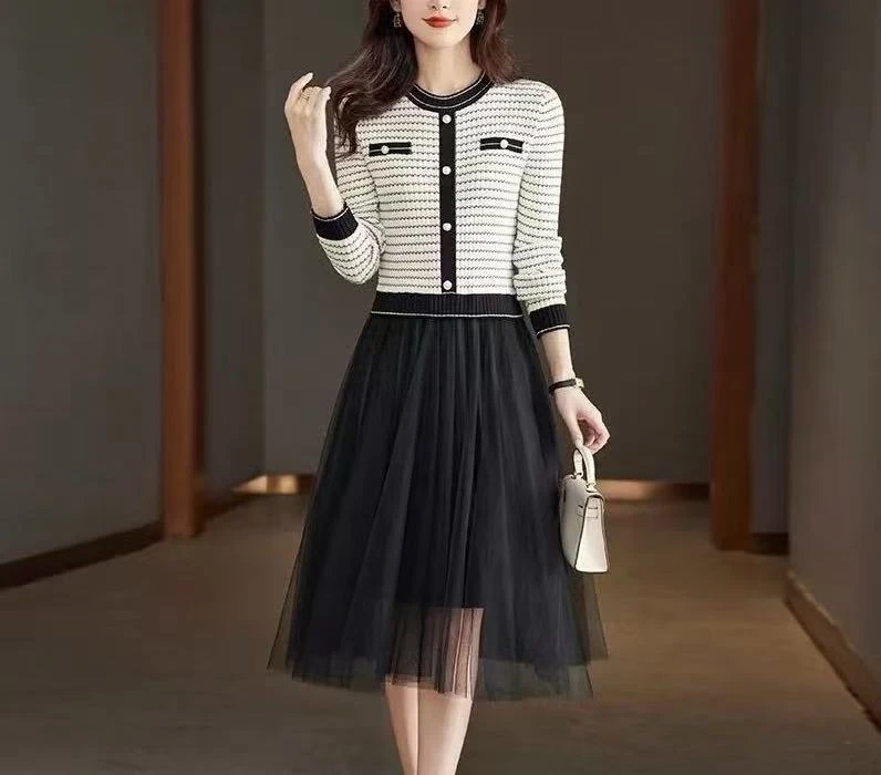 D624连衣裙拼接假两件针织休闲春款女