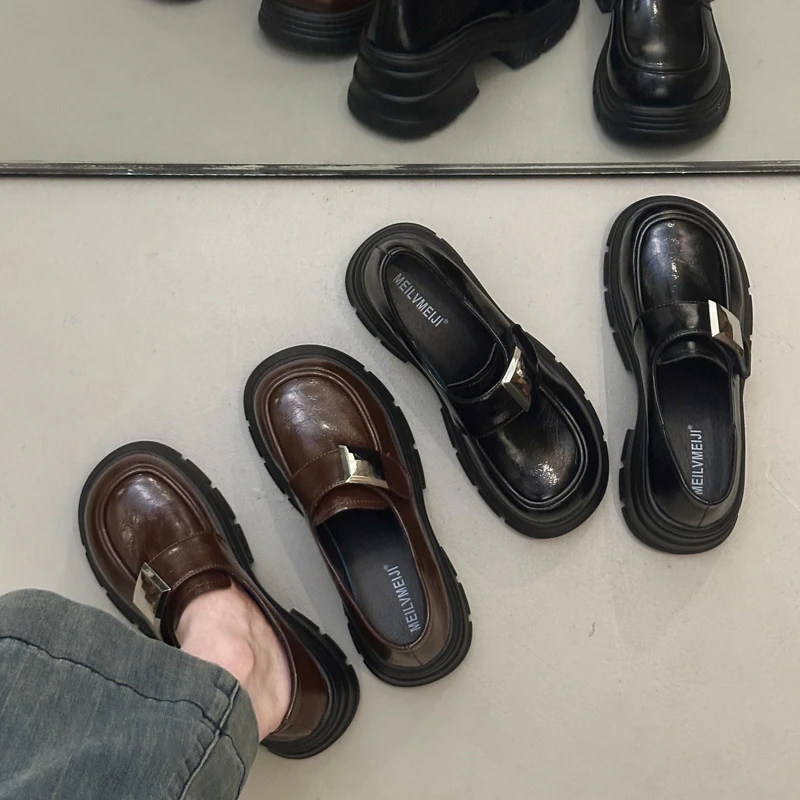 7CM厚底增高乐福鞋2025秋季新款法式粗跟小皮鞋英伦风复古单鞋