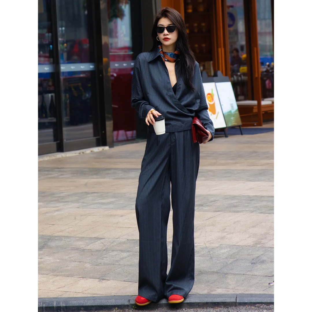 ZEROYK高街时尚西服套装御姐气质条纹衬衫外套休闲裤松弛感两件套