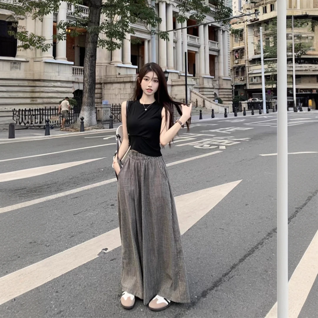 夏季女薄款透气棉麻格子慵懒风气质时尚宽松百搭休闲裤直筒阔腿裤