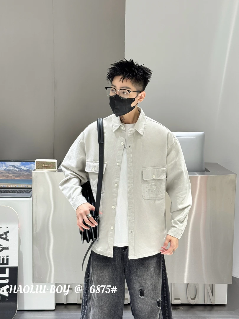 秋季美式复古水洗风口袋潮流时尚「字母印花」长袖衬衫6875