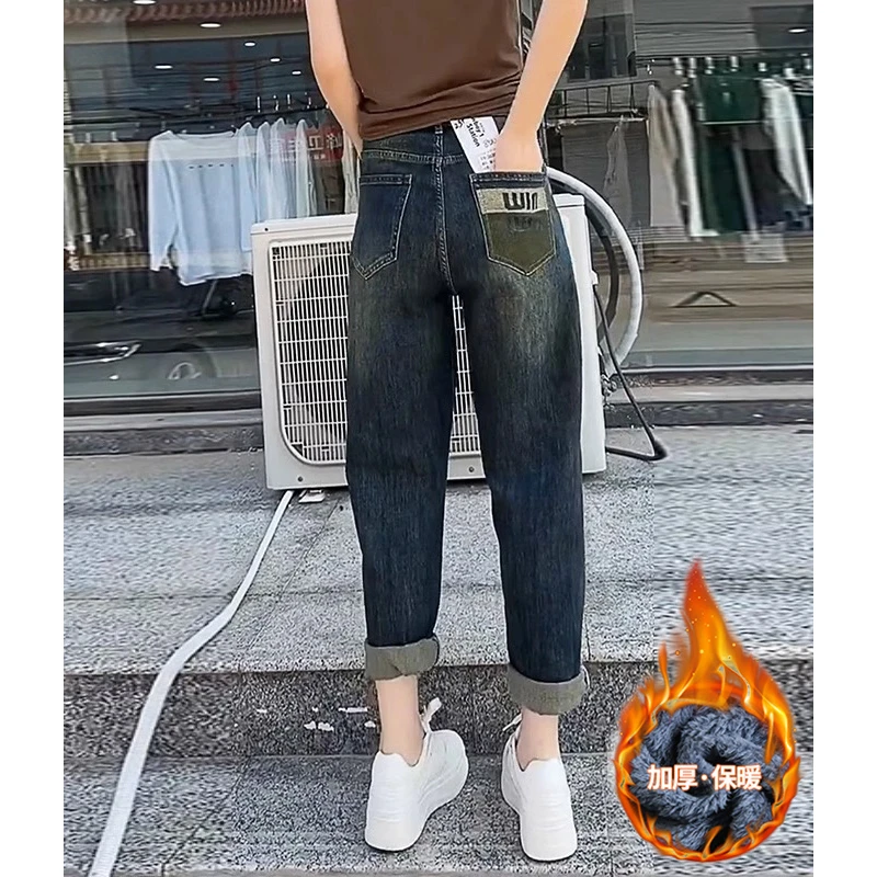 美式九分裤牛仔裤女秋冬加绒加厚2025高腰显瘦大码小个子直筒裤子