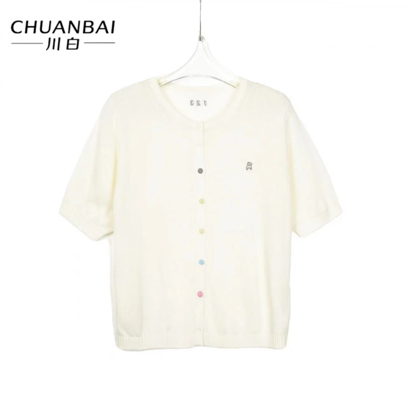 CHUANBAI 川白夏季新款圆领针织开衫刺绣小羊标时尚百搭短袖