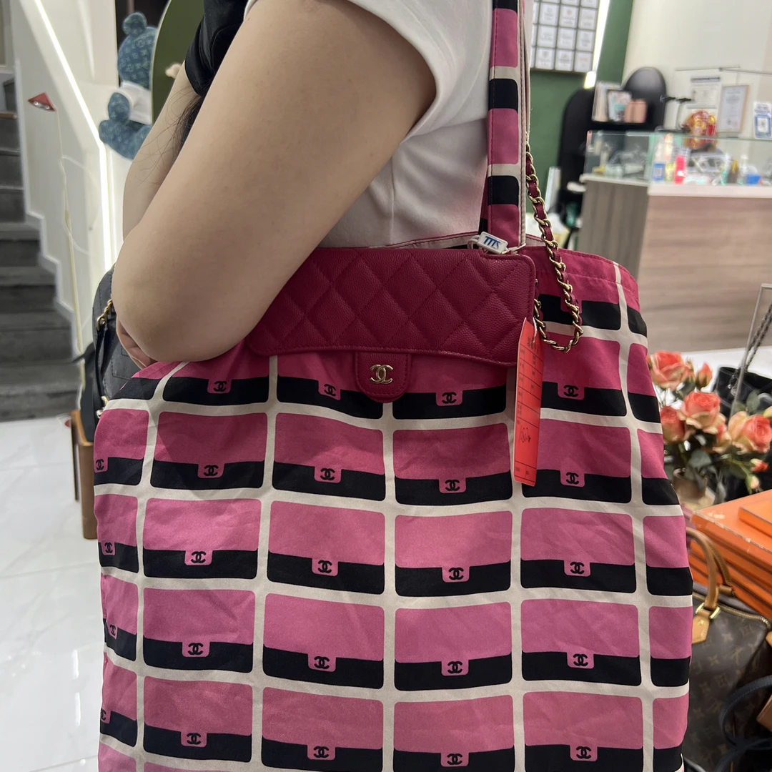 95新 Chanel/香奈儿 粉色渐变二合一托特单肩帆布面折叠包