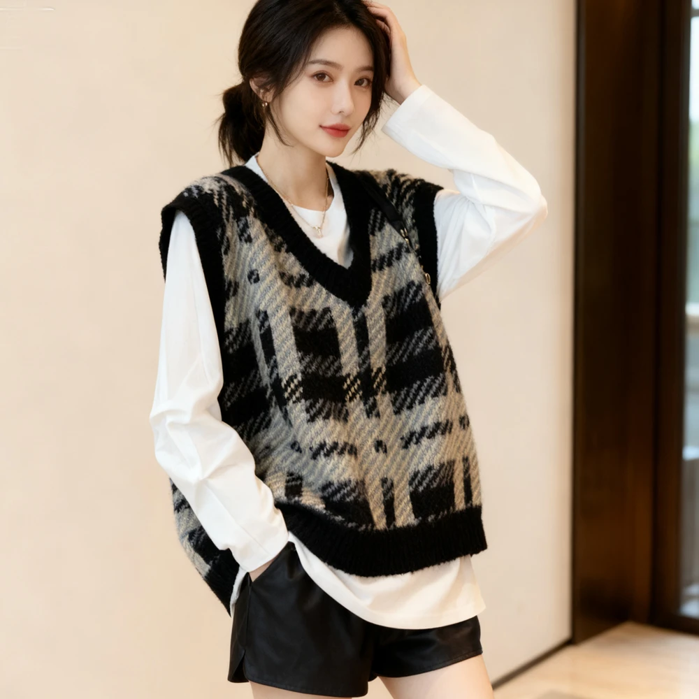 2025秋冬新款学院风套装女韩版格子V领针织马甲叠穿白色T恤两件套