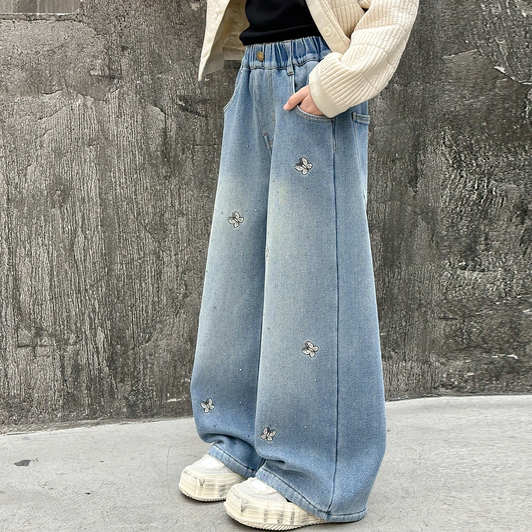 女童烫钻加绒牛仔裤刺绣蝴蝶一体绒阔腿裤女大童加厚长裤外穿潮范