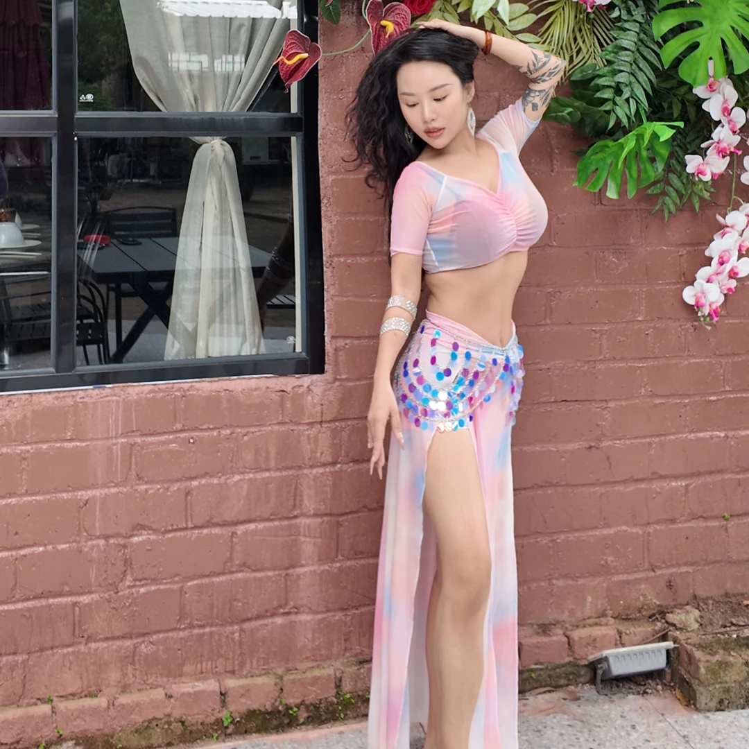 2025年新款肚皮舞练功服性感印花网纱长裙表演服套装女大码时尚