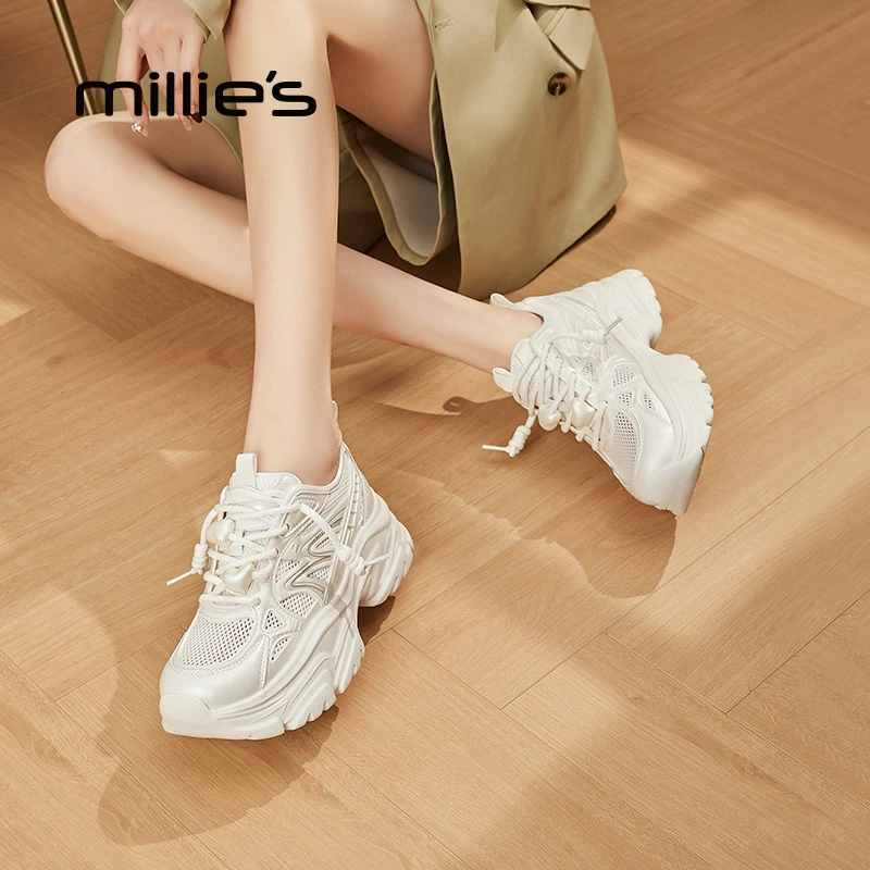 妙丽厚底老爹鞋女2025新款春秋网面增高运动休闲鞋软底透气旅游鞋