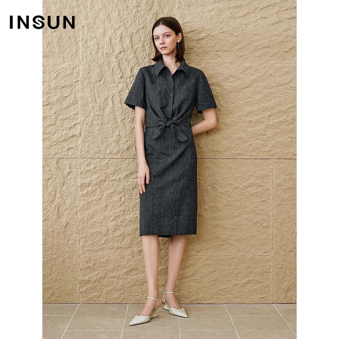 INSUN恩裳专选2025夏季老钱风解构亚麻衬衫式连衣裙