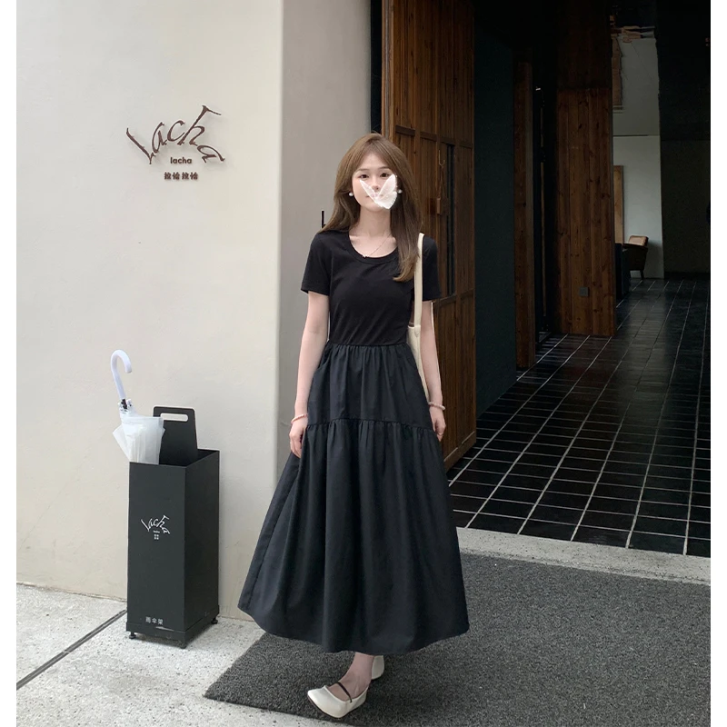 FUGUI RICH小个子黑色连衣裙中长款女显瘦短袖A字裙子 26241L6726