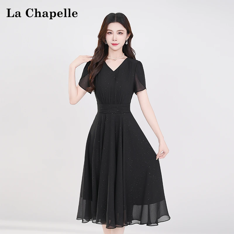 La Chapelle/拉夏贝尔夏季法式设计感黑色显瘦松紧腰短袖连衣裙