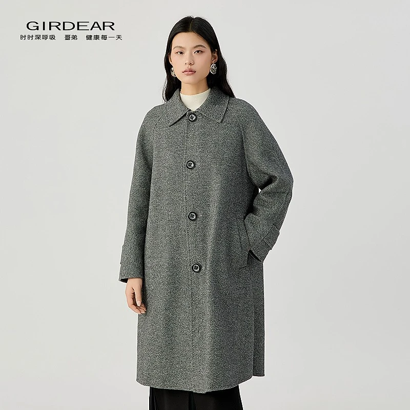 哥弟秋冬新款大翻领中长款直身双面呢大衣外套1400776灰色经典