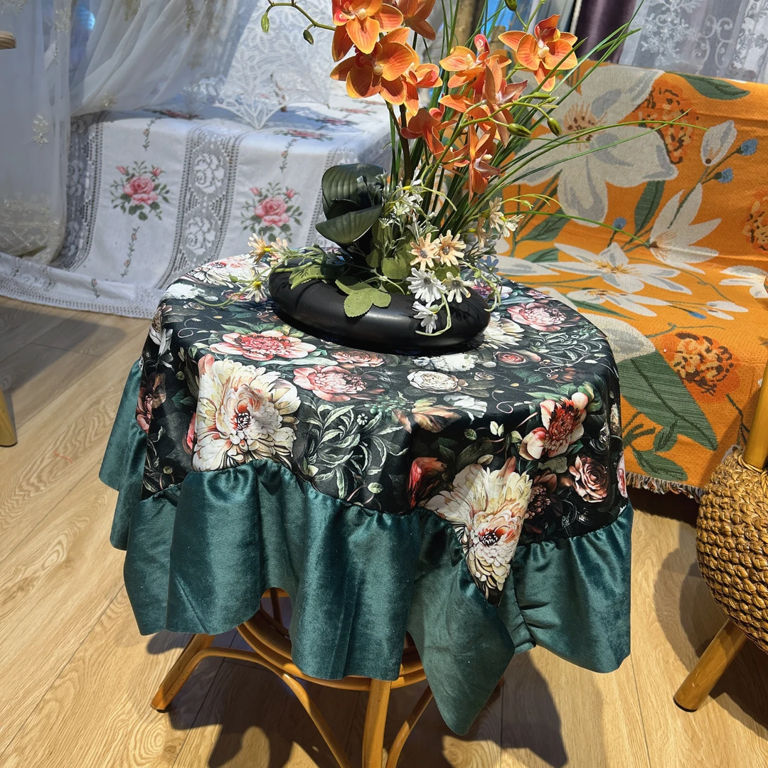 DY251-2麂皮绒（90*90cm）墨绿色菊花防尘桌布