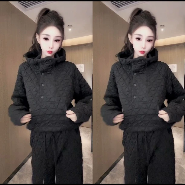 秋冬新款韩系时尚连帽卫衣与松紧腰显瘦长裤休闲套装