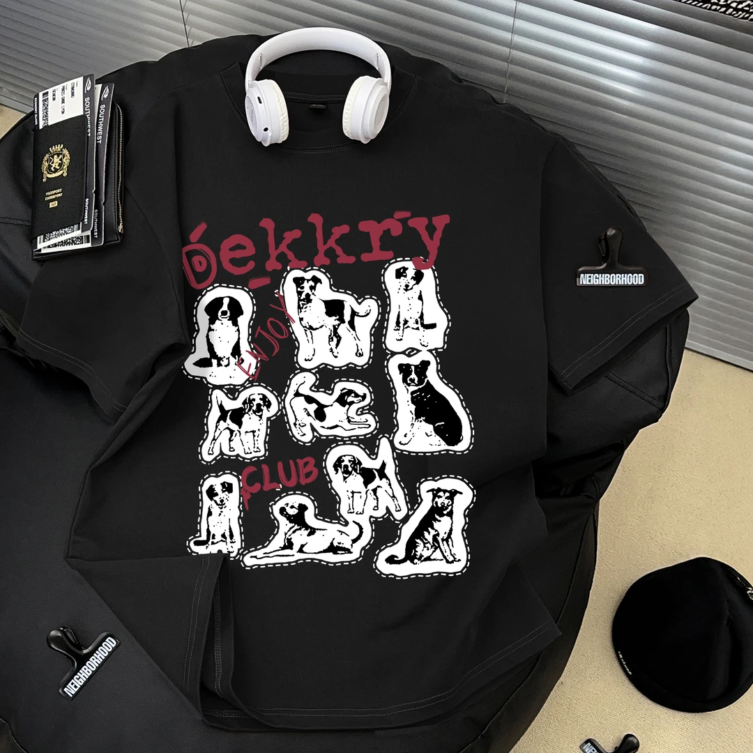 Dekkry夏季宽松休闲重磅纯棉上衣美式复古小狗圆领短袖t恤男女