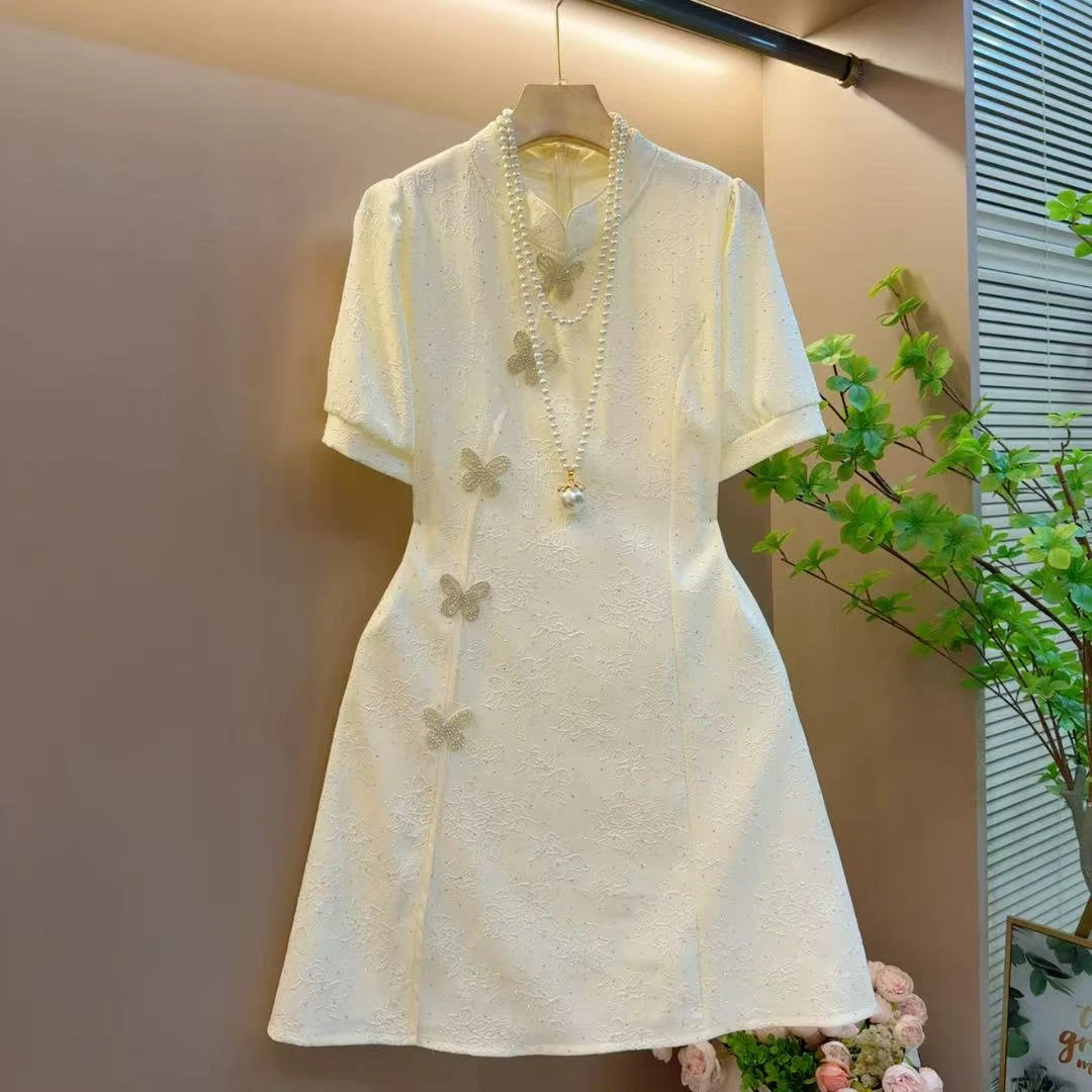 时尚新中式显瘦胖MM减龄洋气蝴蝶设计感百搭连衣裙（长87左右）