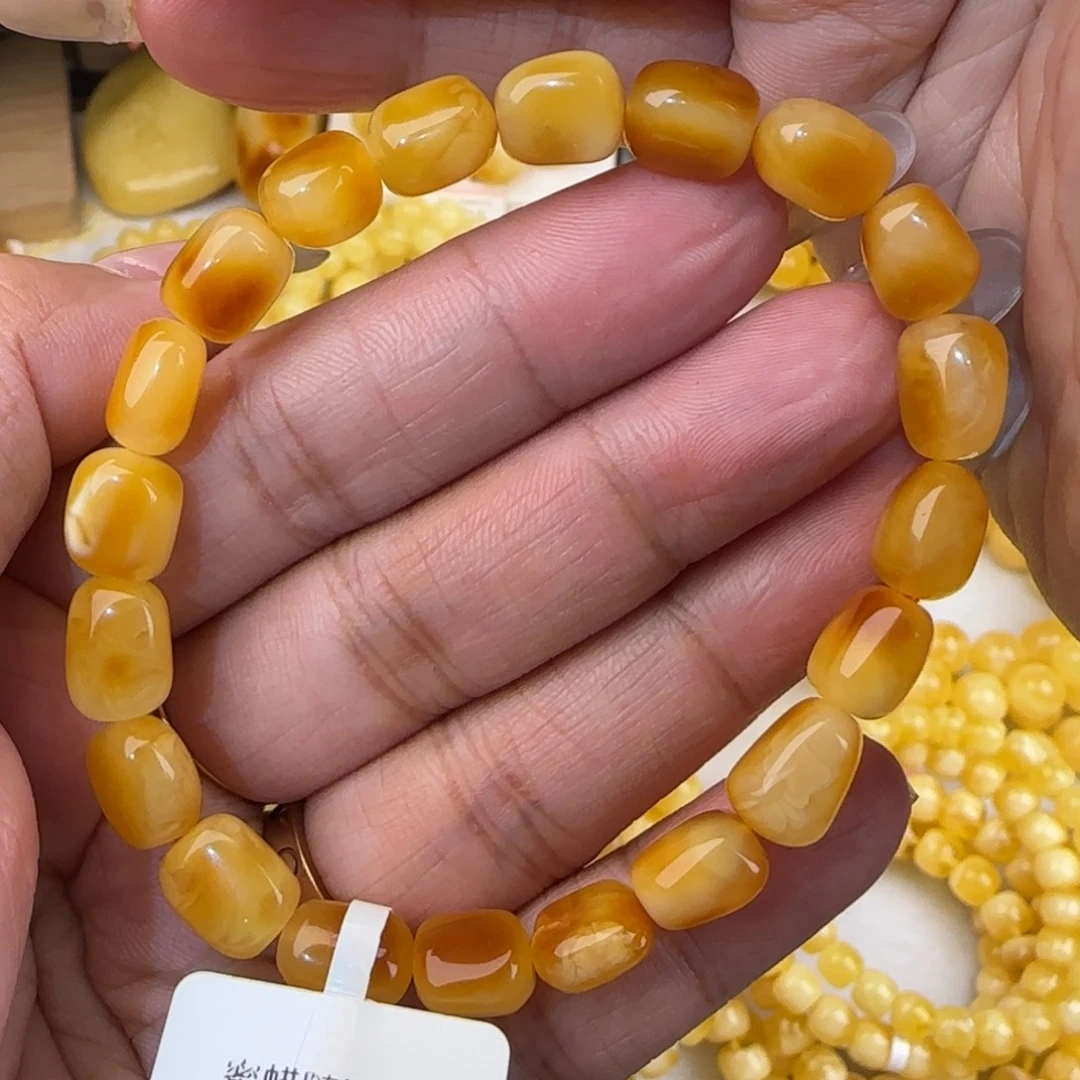 蜜蜡未镶嵌手链鸡油黄随型手串