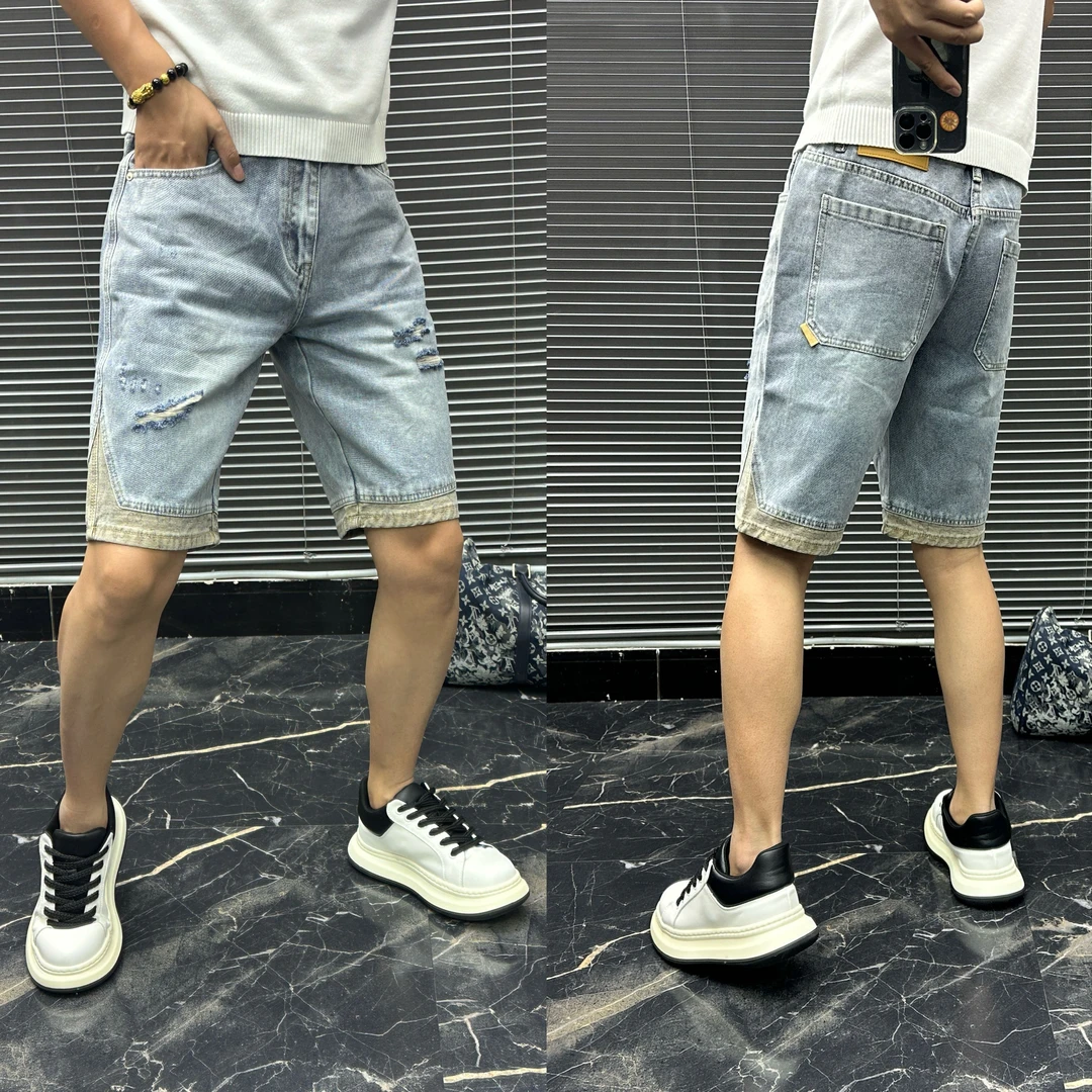 2025夏季薄款轻奢潮牌乞丐破洞牛仔短裤男拼接设计感宽松五分时尚