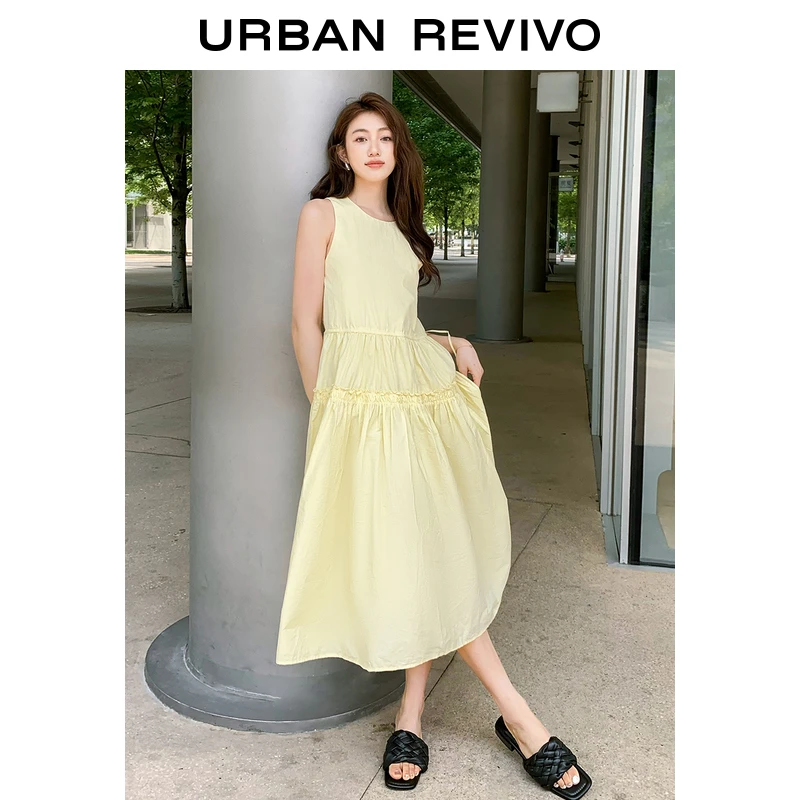 UR女法式茶歇褶皱系带收腰无袖连衣裙UWU740067