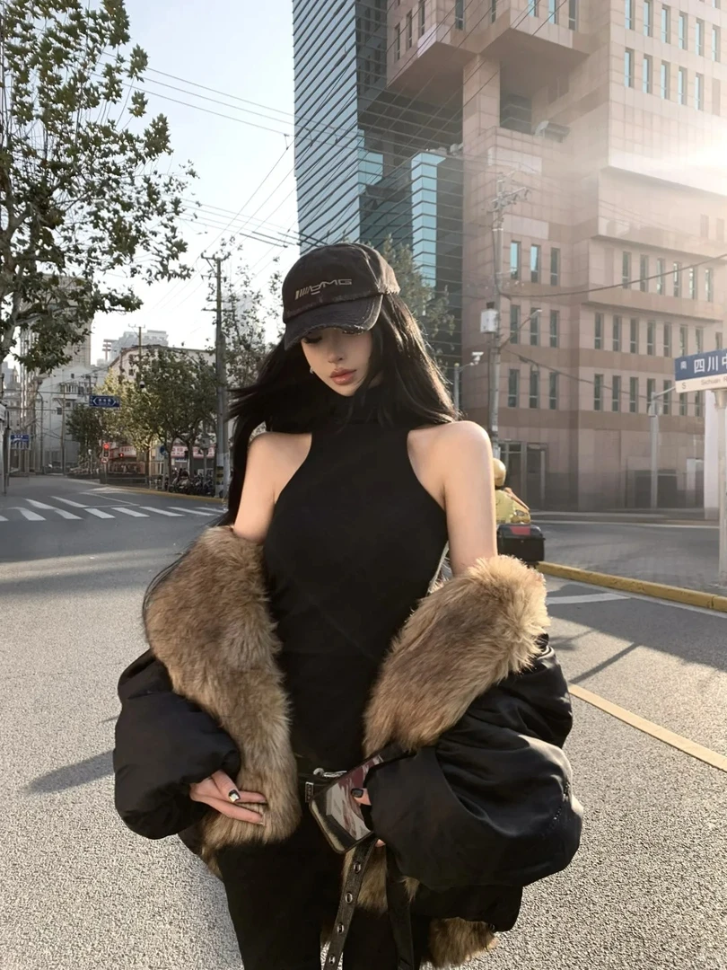 冬季新款美式阔版夹克毛毛外套配港风针织半高领背心/修身长裤女