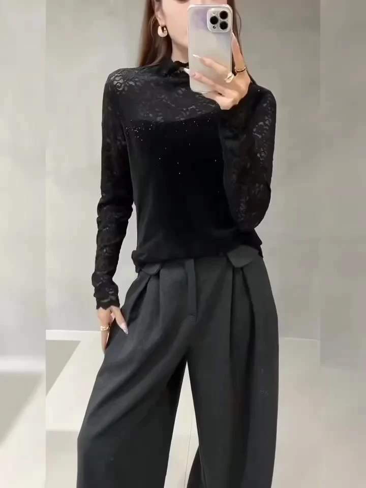 常规长袖拼接半高领打底衫蕾丝丝绒重工满钻上衣秋冬洋气内搭秋季