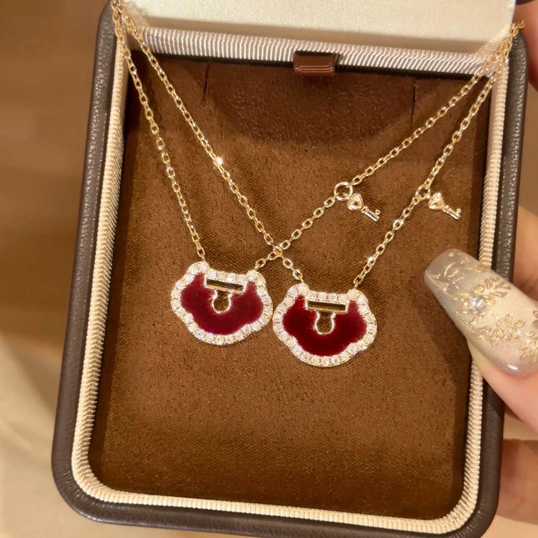 恒美娜 坠链均925银莫桑石 红色如意锁气质轻奢时尚百搭女士小众