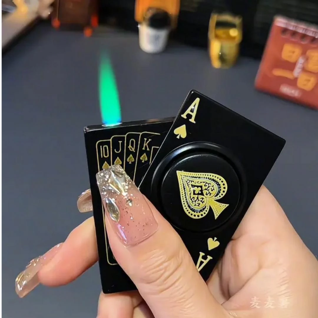 新款创意旋转麻将扑克系列防风打火机网红绿焰高档送礼解压打火机