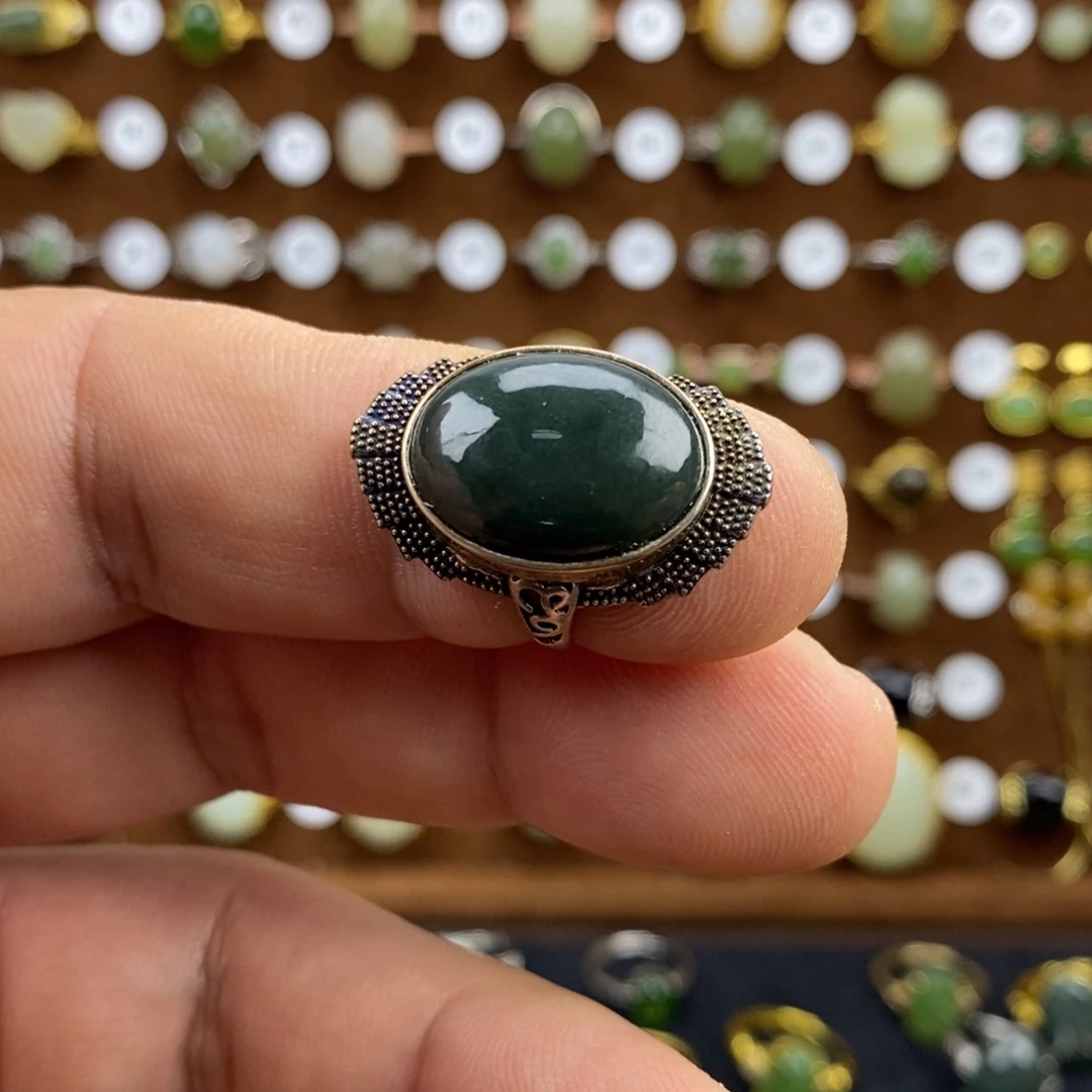 和田玉（青玉）银S925镀金镶嵌戒指