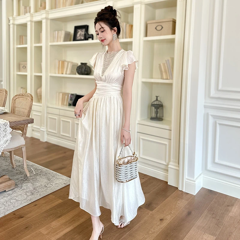 富太太晚宴礼服裙2025夏季新法式重工钉珠收腰大摆连衣裙女21749